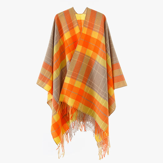 Damen Oversize-Kimono-Capeponcho im Karomuster mit Fransensaum Shop Nory
