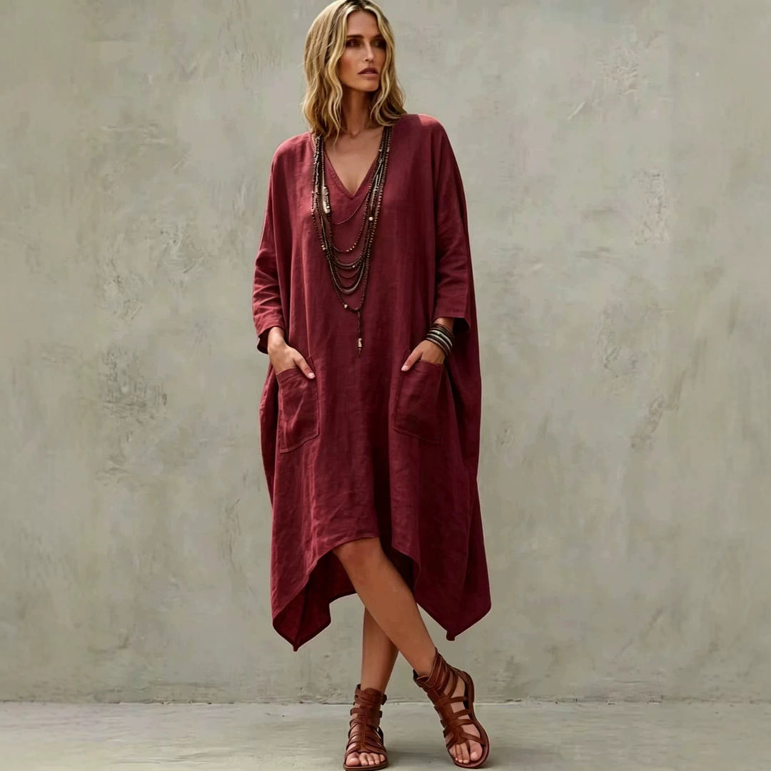 Damen nan Oversize Kaftankleid mit V-Ausschnitt, Eingrifftaschen und asymmetrischem Saum Shop Nory