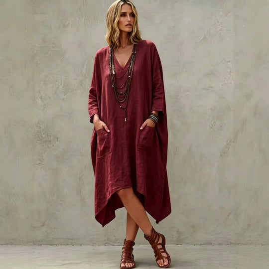 Damen nan Oversize Kaftankleid mit V-Ausschnitt, Eingrifftaschen und asymmetrischem Saum Shop Nory