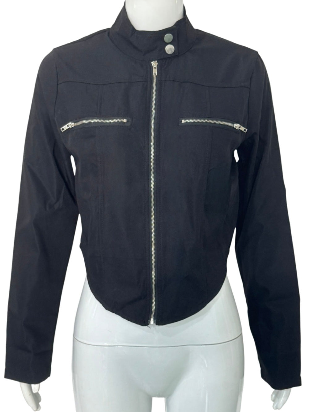 Damen Taillierte Bonded-Canvas-Bikerjacke mit Stehkragen und Brust-Reißverschlüssen Shop Nory