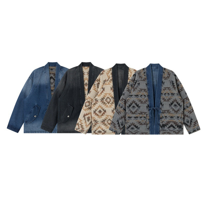Unisex Jeans-Kimonojacke mit Bindegürtel und gemusterter Futterung Shop Nory