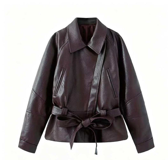 Damen Kurzjacke aus Kunstleder mit Taillengürtel und Hemdkragen Shop Nory