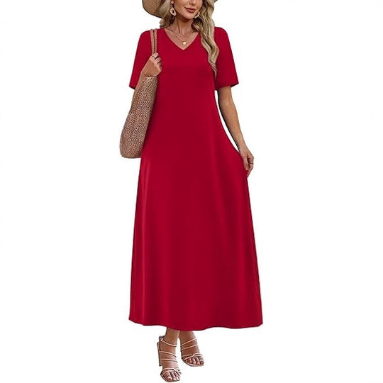 Damen Langes A-Linien-Maxikleid mit V-Ausschnitt, Kurzarm und Eingrifftaschen Shop Nory