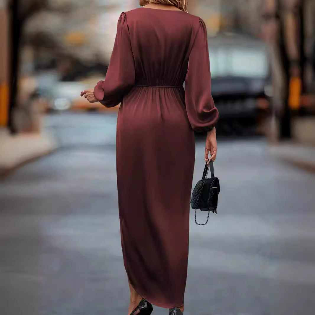 Damen nan tailliertes Drapé-Midikleid mit V-Ausschnitt Raffung Ballonärmeln und seitlichem Wickelschlitz