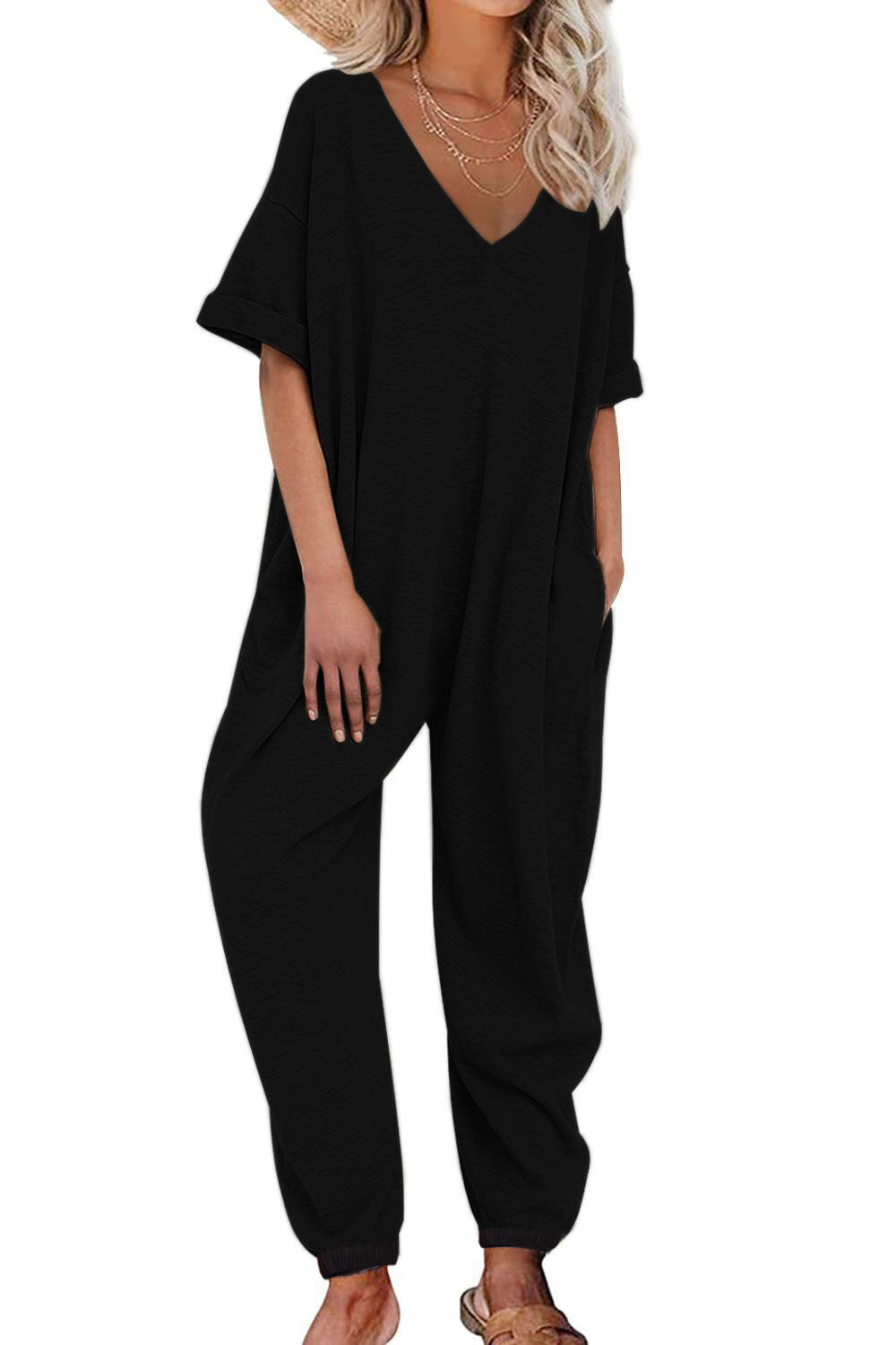 Damen Oversized Jumpsuit mit tiefem V-Ausschnitt und lässigen Taschen
