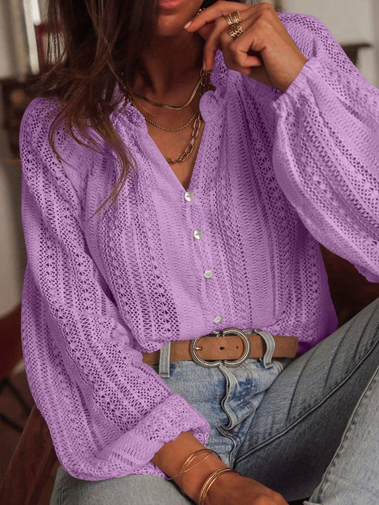 Damen Häkelbluse mit Knopfleiste und Ballonärmeln Shop Nory