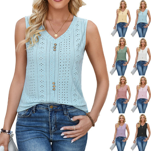 Damen ärmelloses Blusenshirt mit Knopfdetails und romantischem Lochmuster