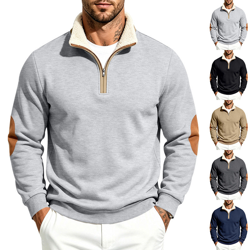 Herren Troyer-Halbzippullover mit Teddyfutter, Kunstleder‑Ellbogenbesätzen und Stehkragen Shop Nory