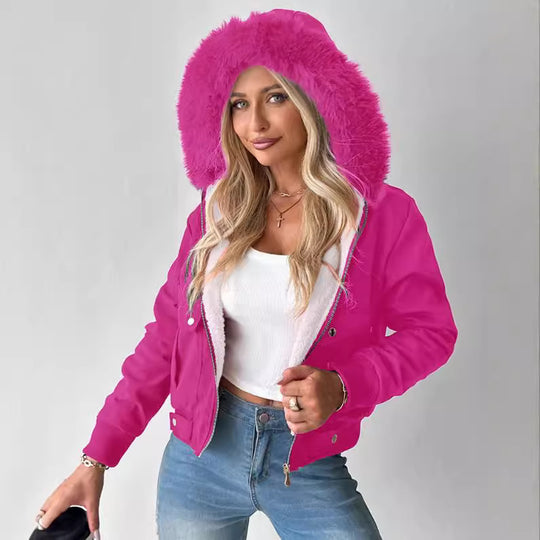 Damen Kurzblouson Winterjacke mit Teddyfutter und abnehmbarer Kunstfellkapuze Shop Nory