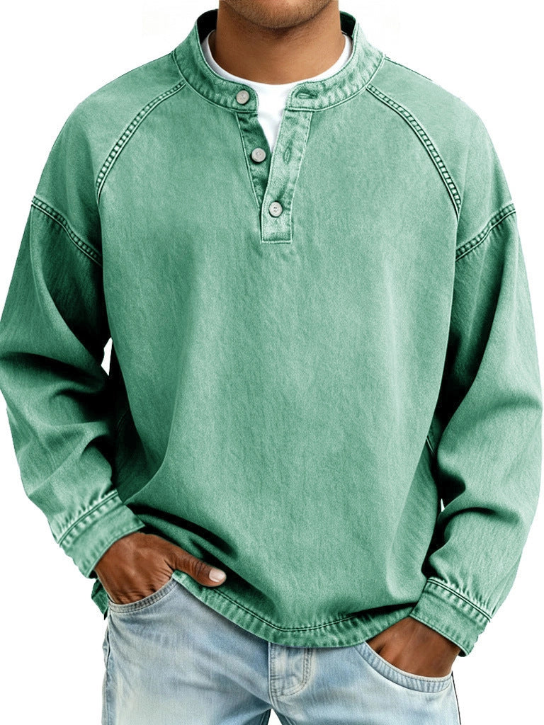 Herren nan verwaschenes Henley-Shirt mit Stehkragen, lockerer Passform und Knopfleiste Shop Nory