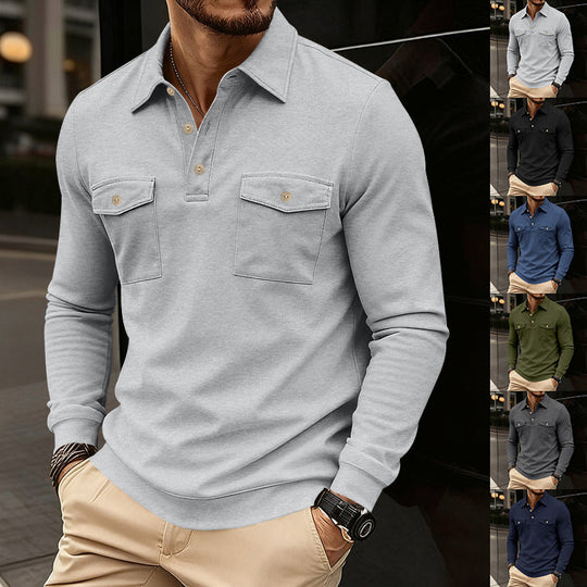 Herren nan figurbetontes Langarm-Poloshirt mit Hemdkragen und aufgesetzten Brustklappen