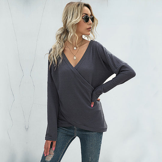 Damen Waffelstrick Wickelshirt mit V-Ausschnitt und langen Ärmeln Shop Nory