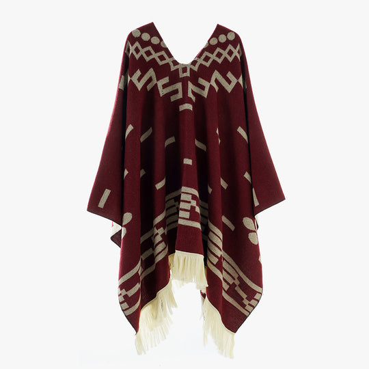 Damen V-Ausschnitt-Poncho im Jacquard-Strick mit Fransenabschluss Shop Nory