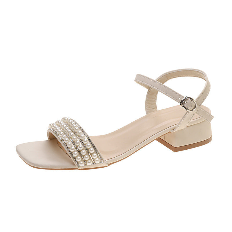 Damen elegante Sandalen mit Perlenverzierung und niedrigem Blockabsatz