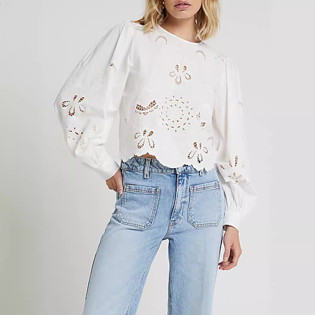 Damen Baumwollbluse mit Broderie Anglaise und Ballonärmeln Shop Nory