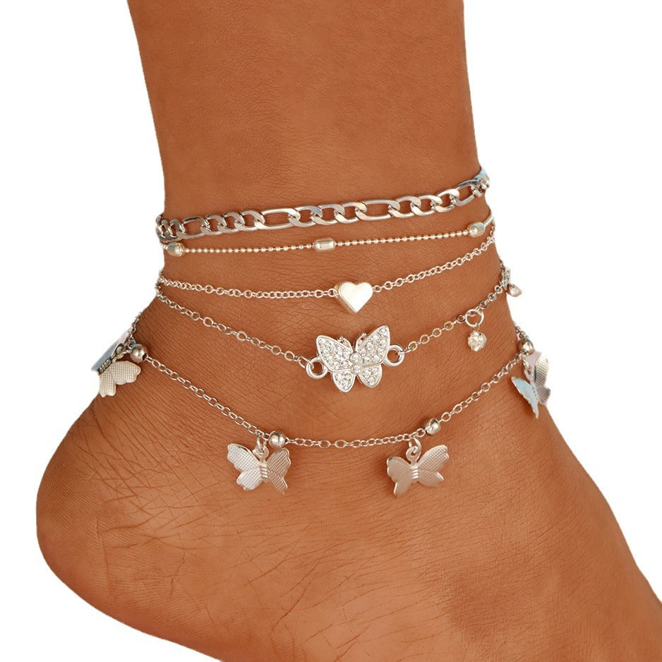 Damen Fußkettchen mit filigranen Schmetterlings- und Herzanhängern Shop Nory