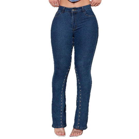 Damen hochtaillierte Jeanshose mit schmalem Oberschenkel, ausgestelltem Bein und vorderer Druckknopfleiste Shop Nory