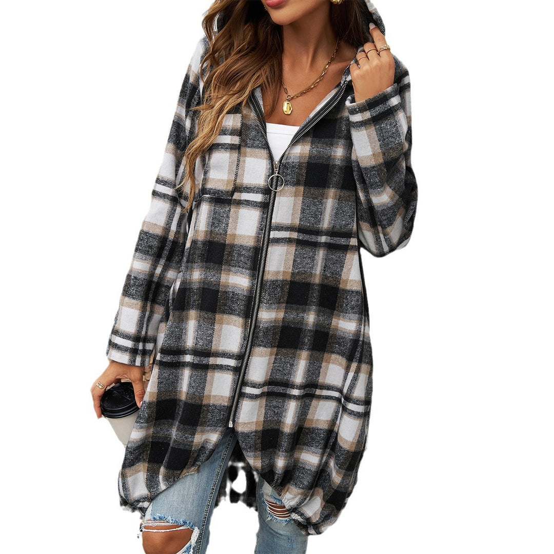 Damen nan langer Kapuzenmantel im Karomuster mit Reißverschluss und ballonförmigem Saum Shop Nory