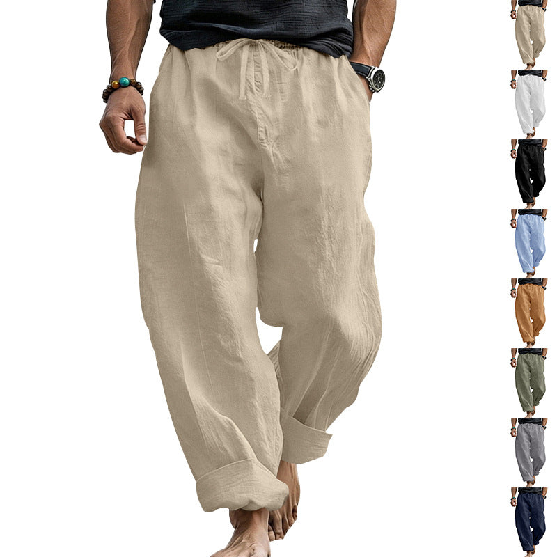 Herren Locker geschnittene Leinen-Loungehose mit Kordelzug, Umschlagsaum und Taschen Shop Nory