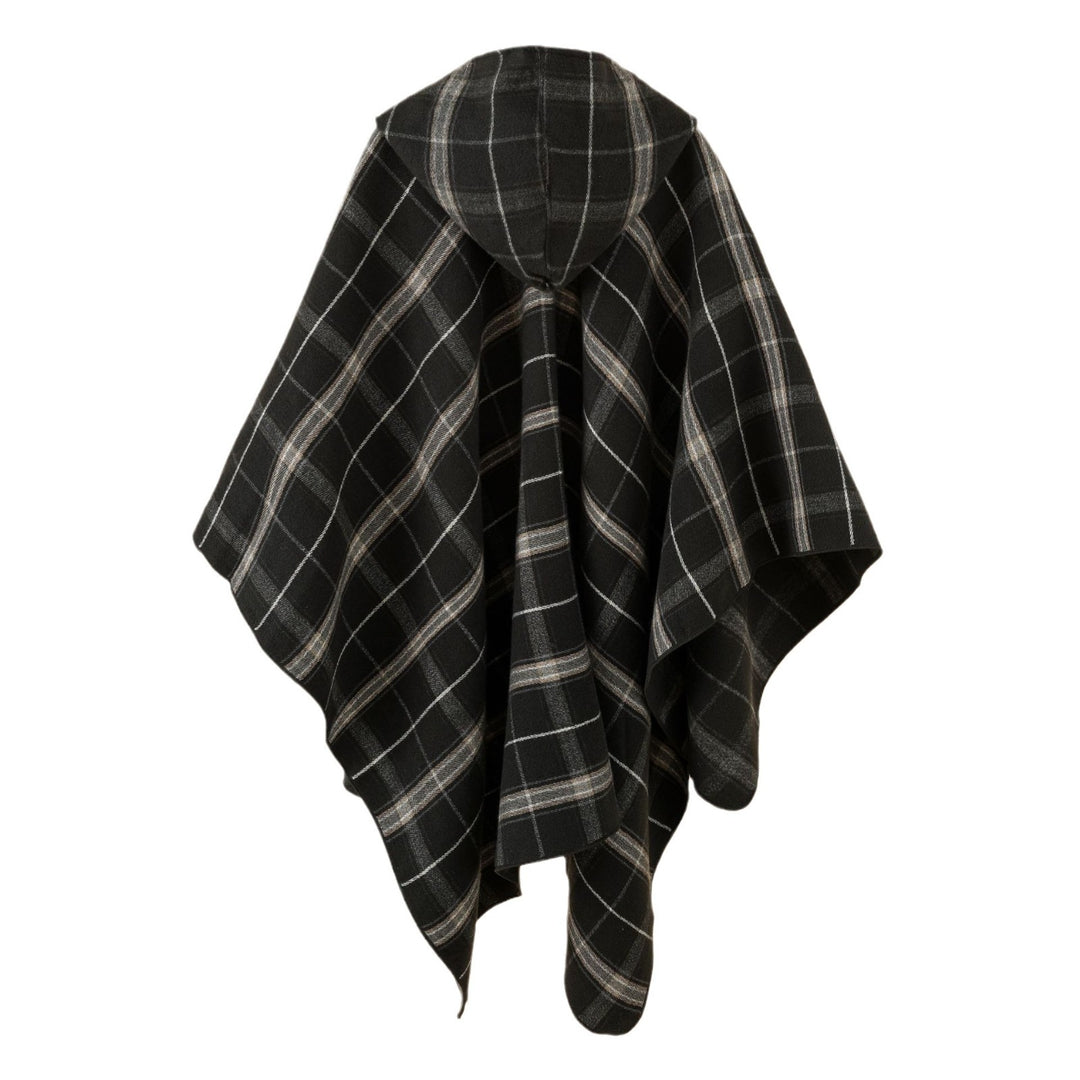 Damen Kapuzen-Poncho mit Karomuster, weichfallender Wollmix und offenem Oversize-Fall Shop Nory