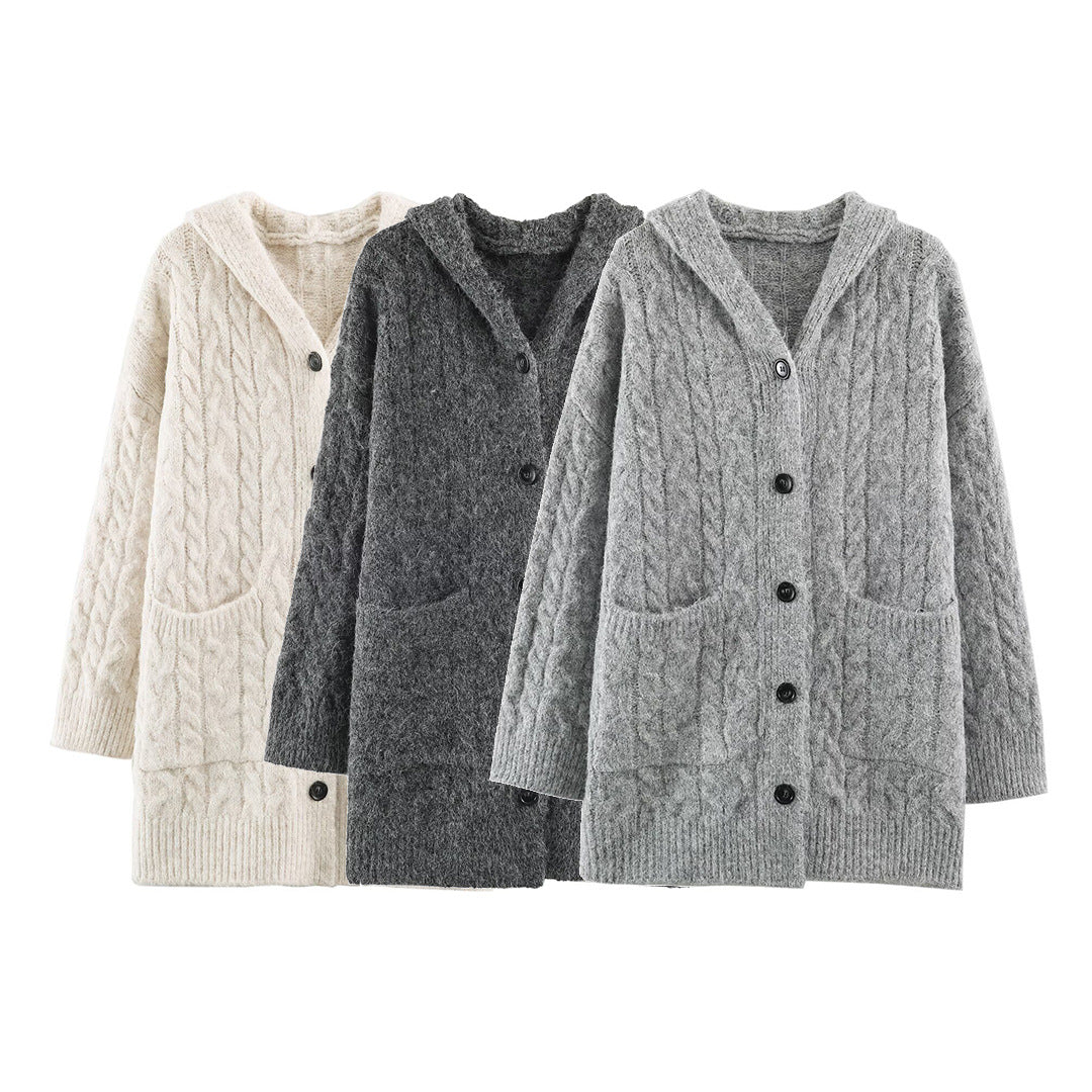 Damen Langgestrickter Kapuzen-Cardigan mit Zopfmuster und Knopfleiste Shop Nory