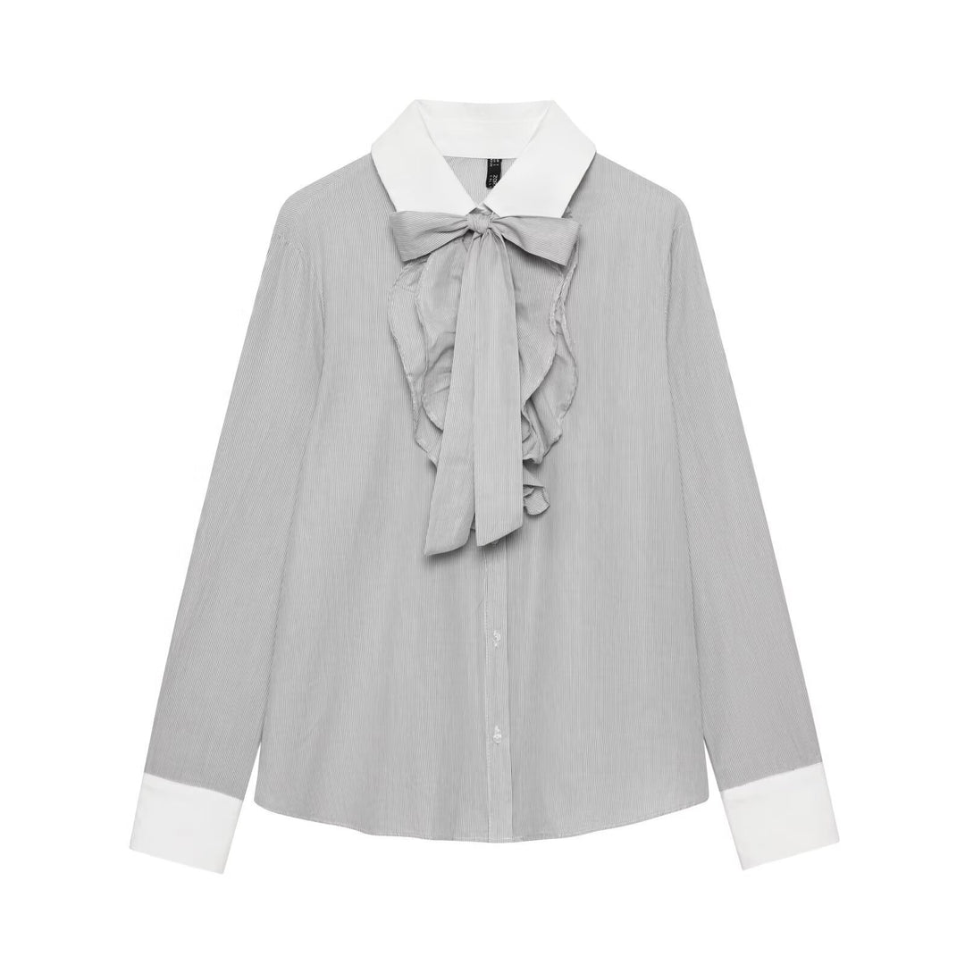 Damen Gestreifte Bluse mit Schleifenkragen, Rüschenfront und Kontrastmanschetten Shop Nory