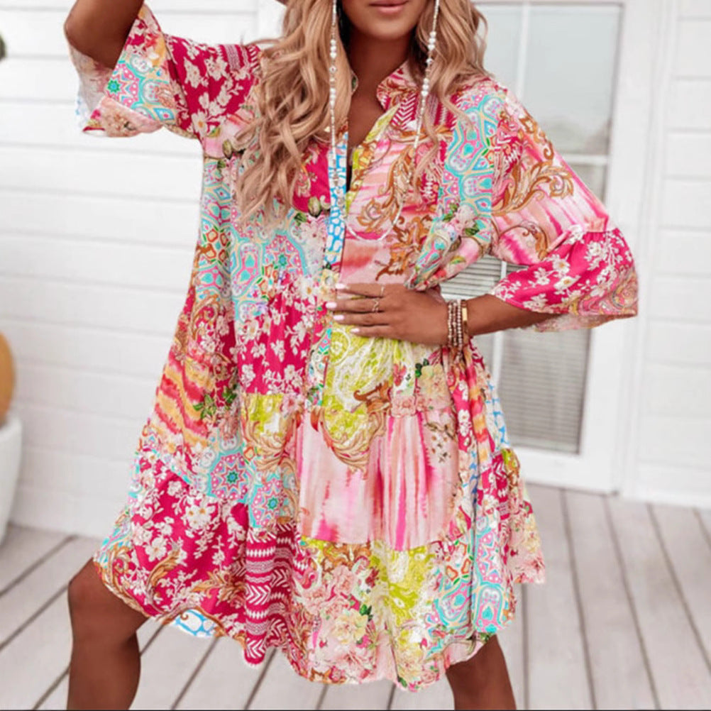 Damen nan Luftiges Stufenkleid im Patchwork-Boho-Stil mit Stehkragen, geraffter Taillennaht und Dreiviertelärmeln
