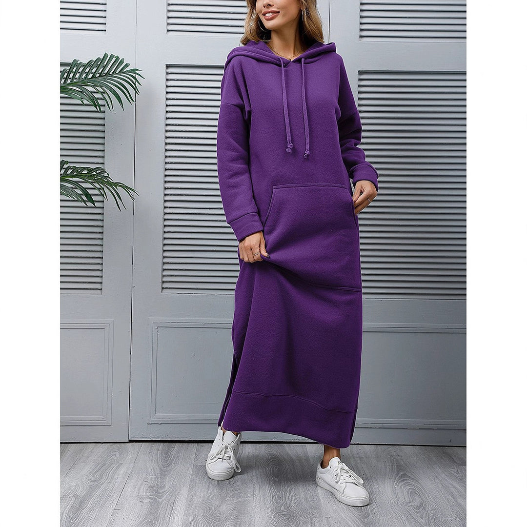 Damen nan langes Kapuzen-Sweatkleid mit Kängurutasche, Seitenschlitzen und lockerer Oversize-Passform Shop Nory