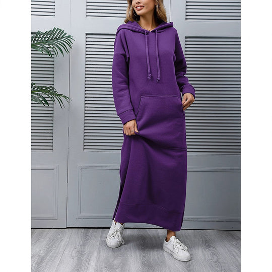 Damen nan langes Kapuzen-Sweatkleid mit Kängurutasche, Seitenschlitzen und lockerer Oversize-Passform Shop Nory