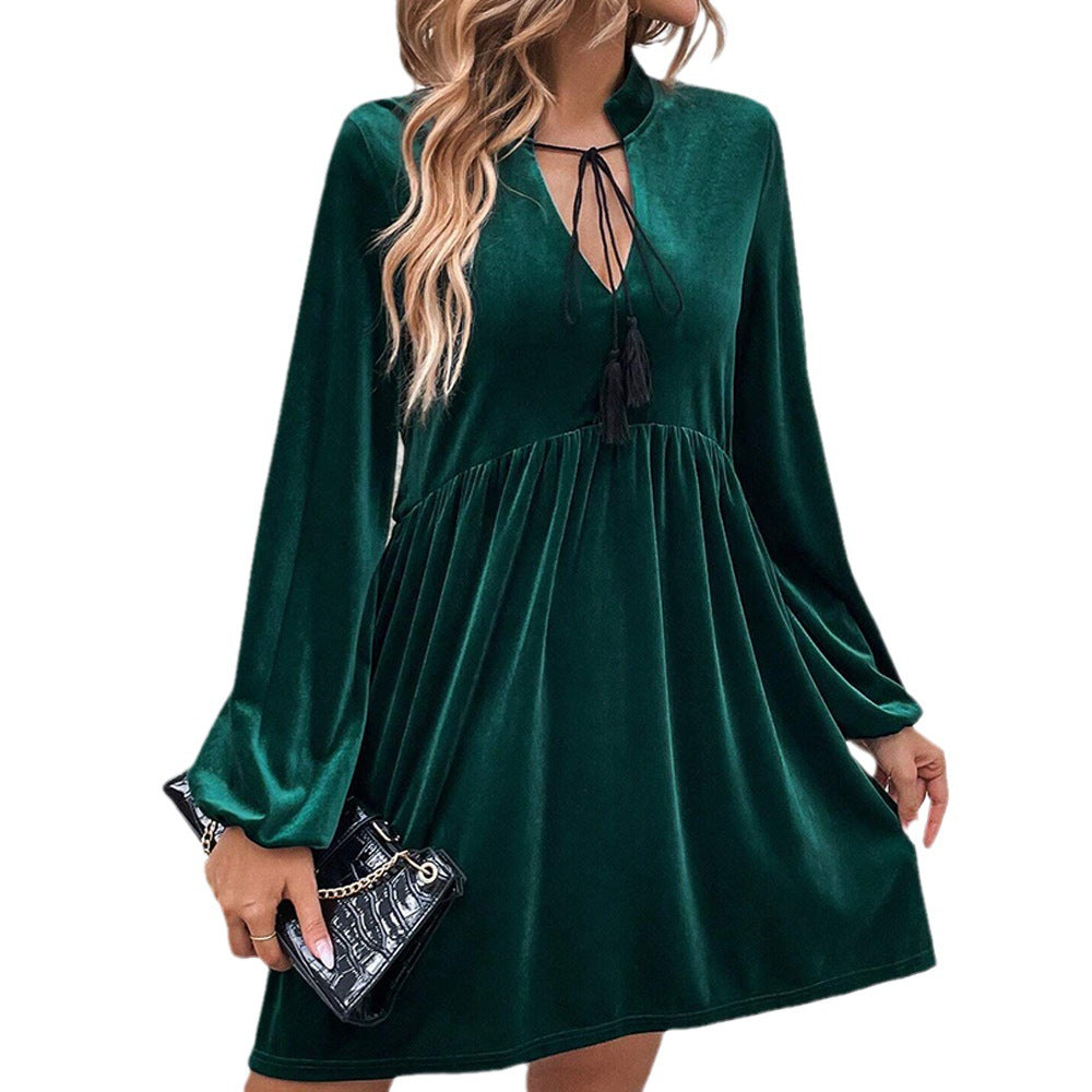 Damen samtiges Babydoll-Minikleid mit Empire-Taille Quastenbindung und langen Glockenärmeln Shop Nory