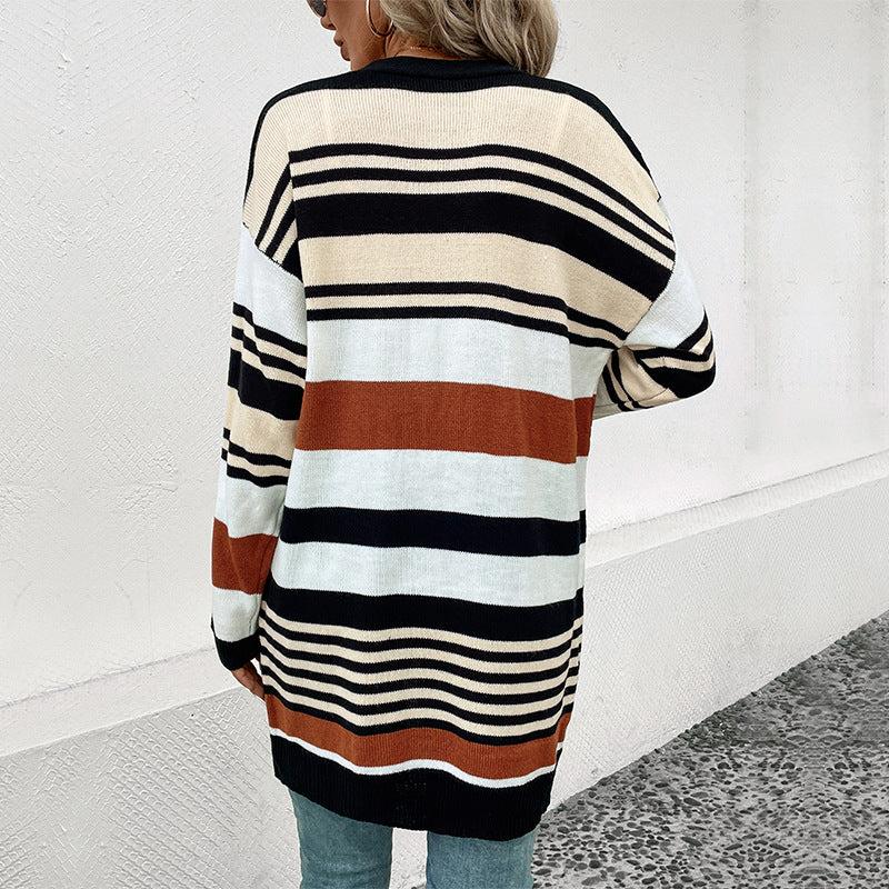 Damen Oversize Strickcardigan mit Blockstreifen, offener Front und langen Ärmeln Shop Nory