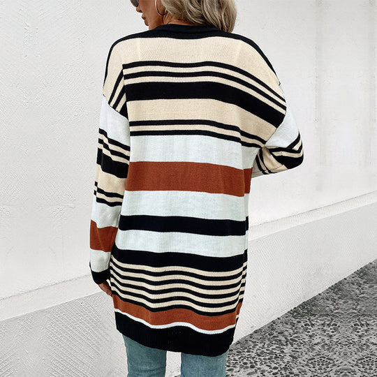 Damen Oversize Strickcardigan mit Blockstreifen, offener Front und langen Ärmeln Shop Nory