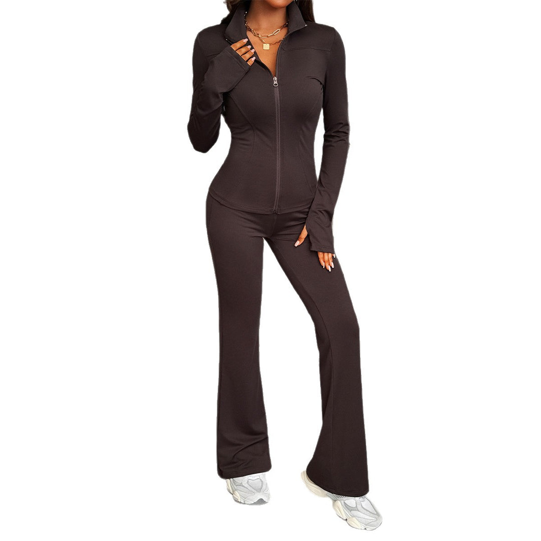 Damen nan figurbetontes Stretch-Joggingset mit taillierter Reißverschluss-Jacke und ausgestellter Schlaghose Shop Nory