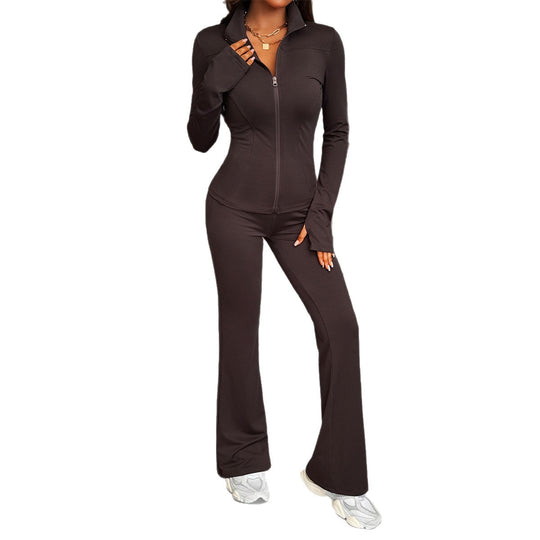 Damen nan figurbetontes Stretch-Joggingset mit taillierter Reißverschluss-Jacke und ausgestellter Schlaghose Shop Nory