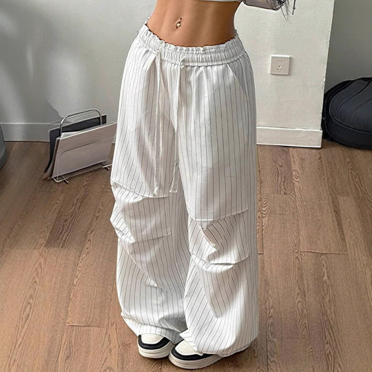 Damen Weite Nadelstreifen-Loungehose mit hohem Gummibund und Tunnelzug Shop Nory