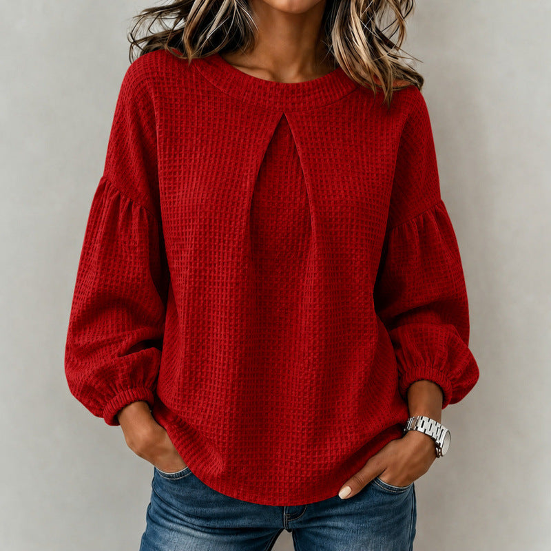 Damen Lockeres Waffelstrick-Sweatshirt mit Vorderfalte und Ballonärmeln Shop Nory