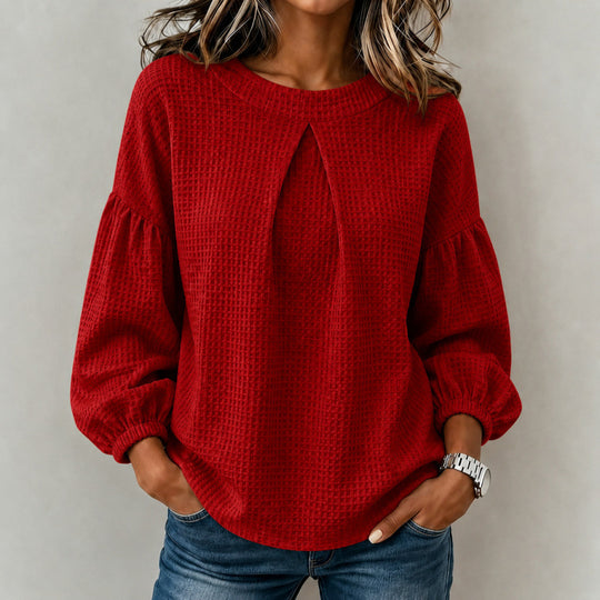 Damen Lockeres Waffelstrick-Sweatshirt mit Vorderfalte und Ballonärmeln Shop Nory
