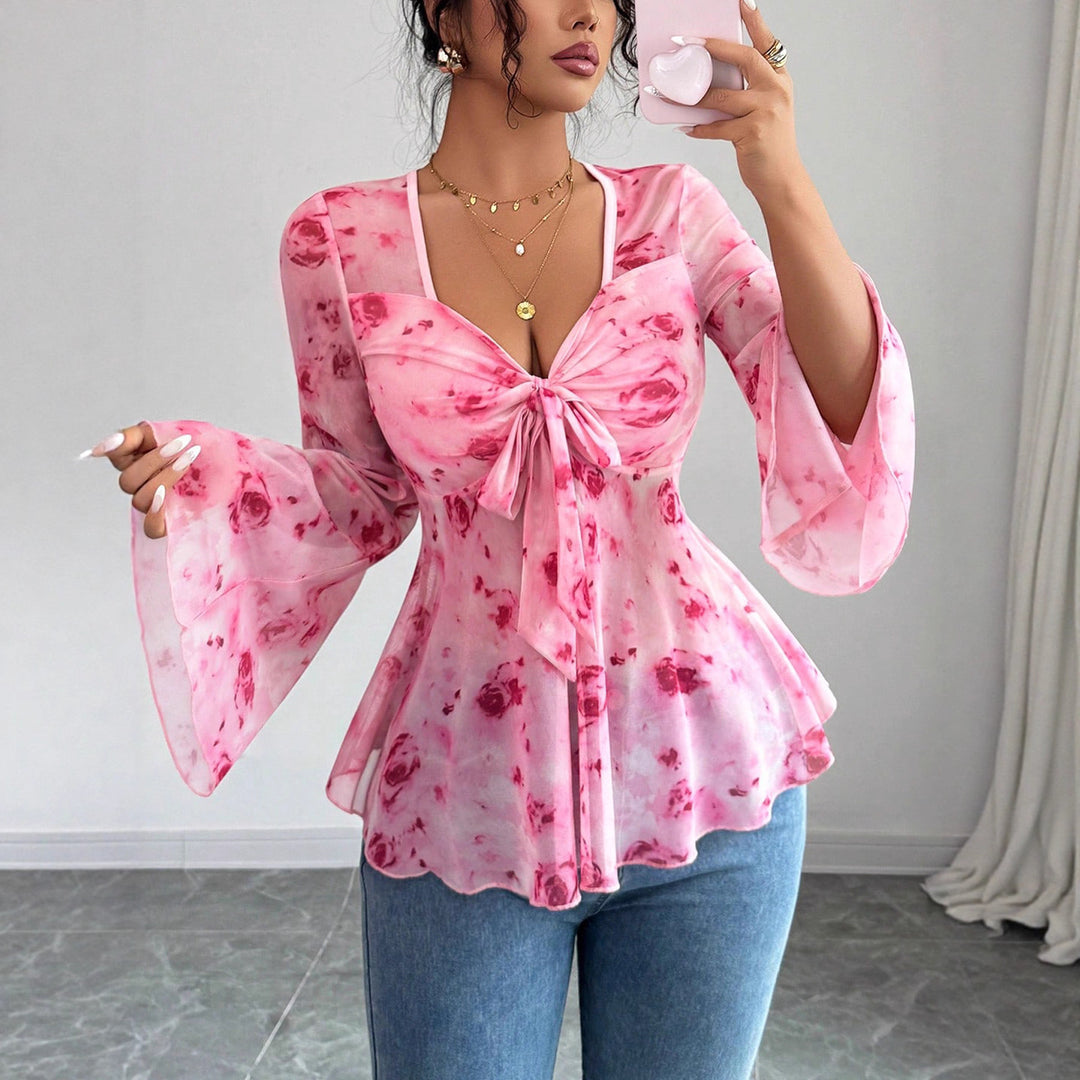 Damen Chiffonbluse mit Bindeknoten, V‑Ausschnitt und ausgestellten Glockenärmeln Shop Nory