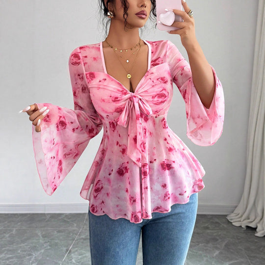 Damen Chiffonbluse mit Bindeknoten, V‑Ausschnitt und ausgestellten Glockenärmeln Shop Nory