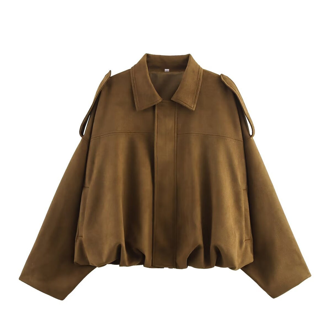 Damen Oversized Cropped Jacke in Wildlederoptik mit Cut-Out-Schultern und Tunnelzugsaum Shop Nory