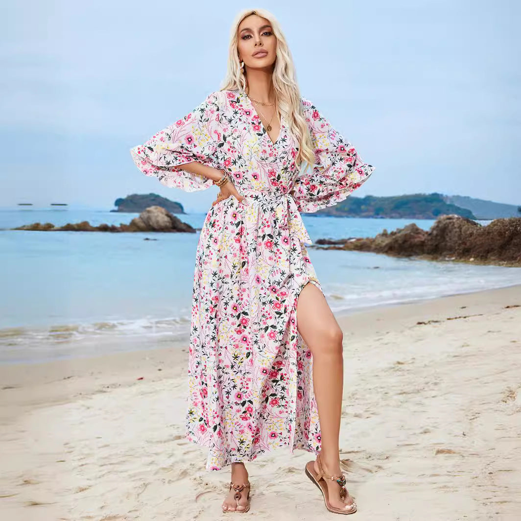 Damen Maxikleid mit floralen Mustern und Langen Ärmeln Shopnory