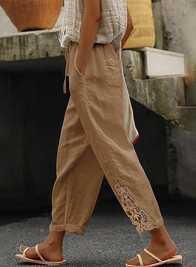 Damen luftige Leinenhose mit dekorativen Stickereien