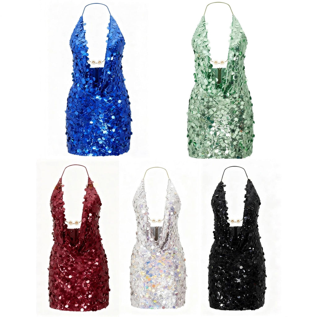 Damen Glitzerndes Minikleid mit tiefem V-Ausschnitt und Troddel-Applikationen Shopnory