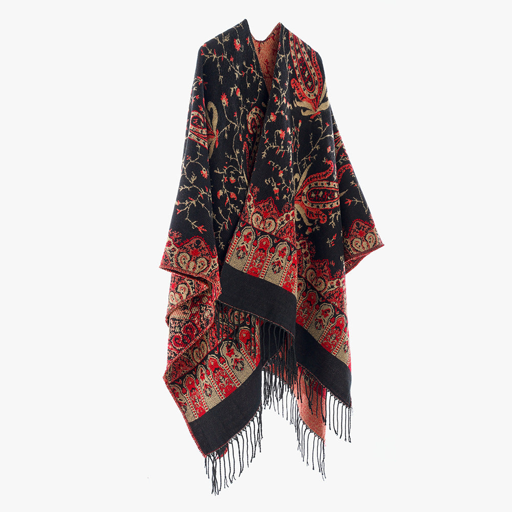 Damen Jacquard Überwurfcape aus feinem Strick mit Paisley-Bordüre Shop Nory