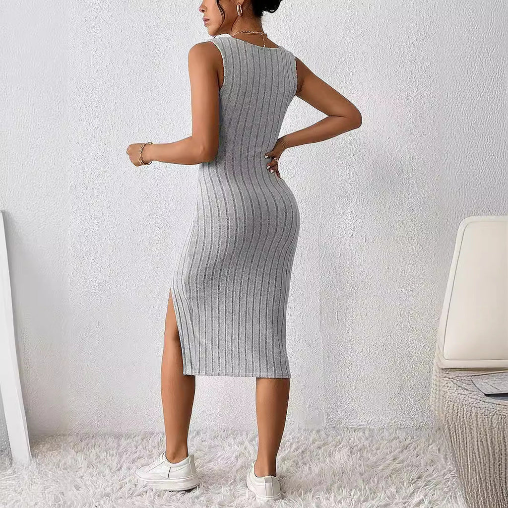 Damen Enganliegendes Ripp-Kleid mit Seitenschlitz und Spaghetti-Trägern Shopnory