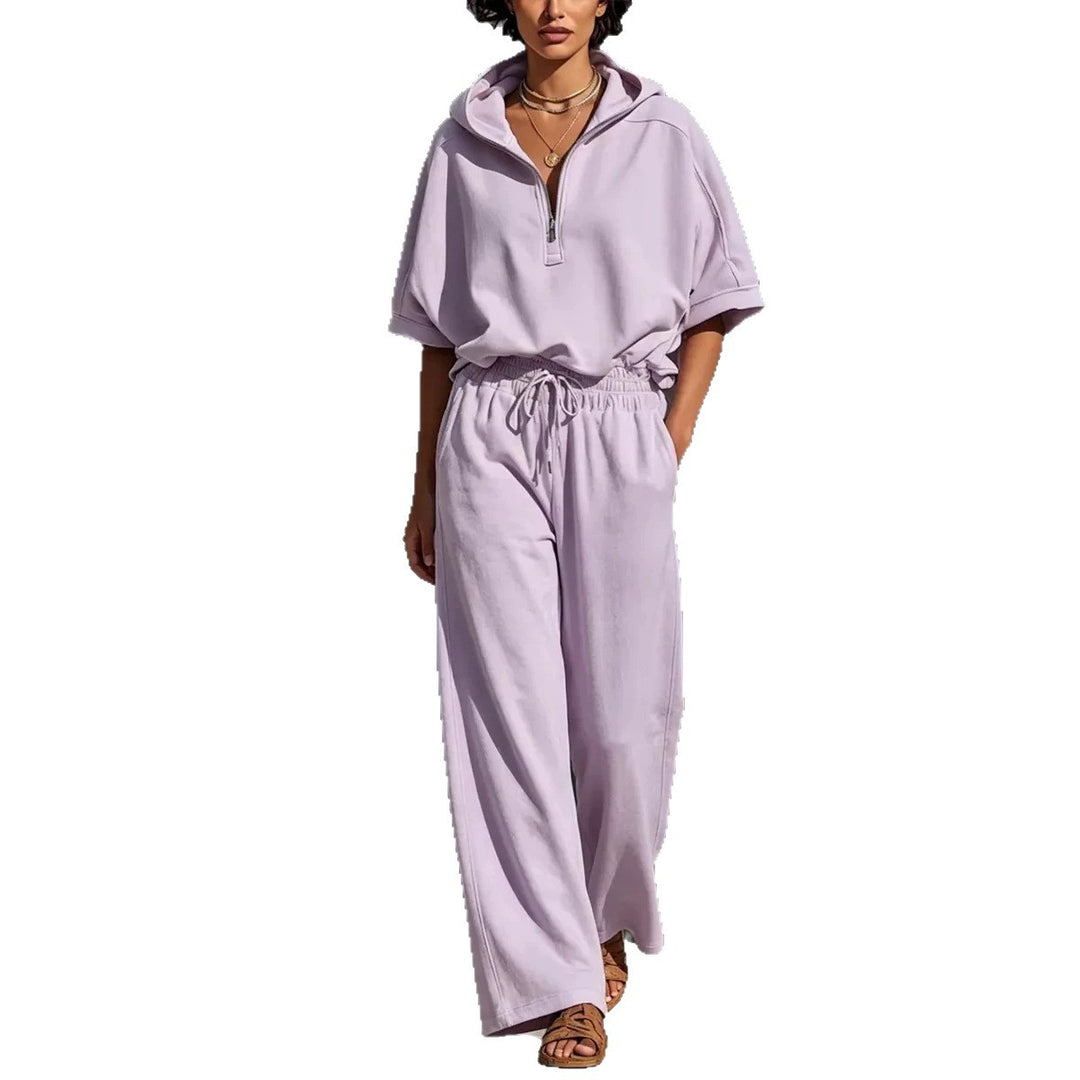 Damen Lässiges Lounge-Set mit Kapuzenpullover mit halbem Reißverschluss und weiter Palazzohose Shop Nory