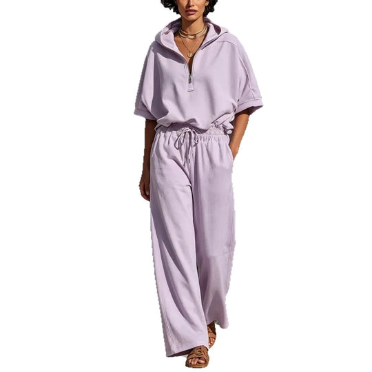 Damen Lässiges Lounge-Set mit Kapuzenpullover mit halbem Reißverschluss und weiter Palazzohose Shop Nory