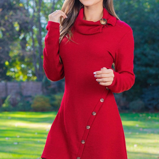 Damen nan figurbetontes A-Linien Strickkleid mit asymmetrischer Zierknopfleiste und hohem Kragen Shop Nory