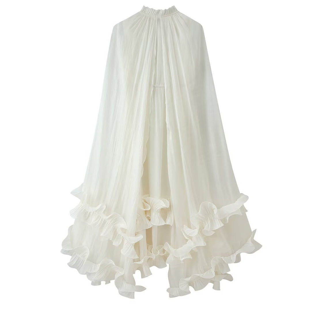 Damen Maxikleid mit Volant‑Cape, mehrlagigem Stufenrock und Stehkragen Shop Nory