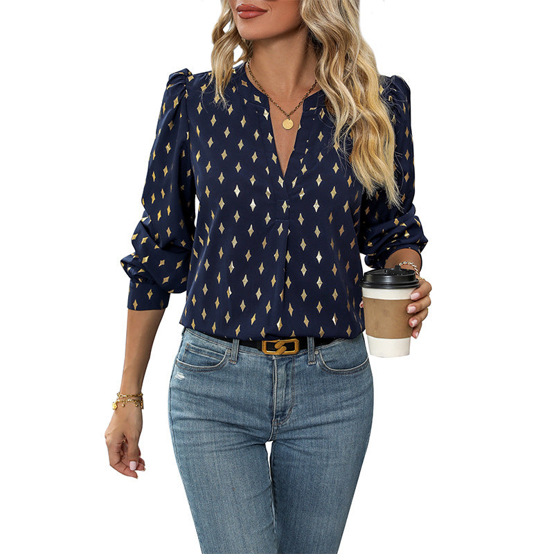 Damen Locker fallende Viskose‑Feinbluse mit Stehkragen, V‑Ausschnitt und Balloonärmeln Shop Nory